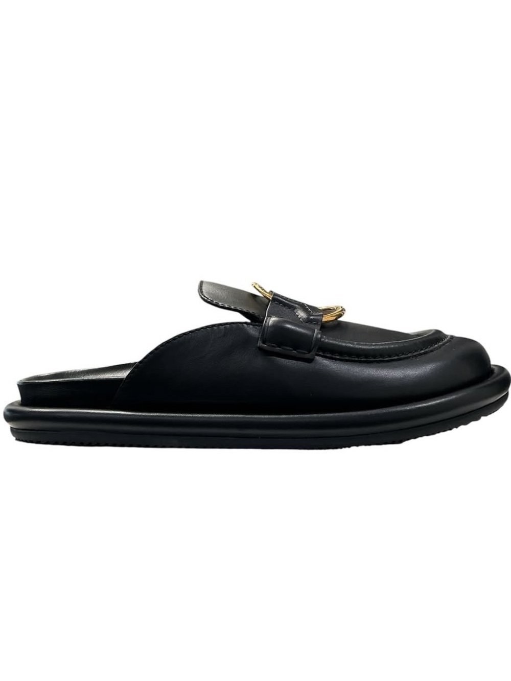Moncler Bell Mule Black Leather Slip-On Mules with Gold Ring Accent - Picture 5 of 7